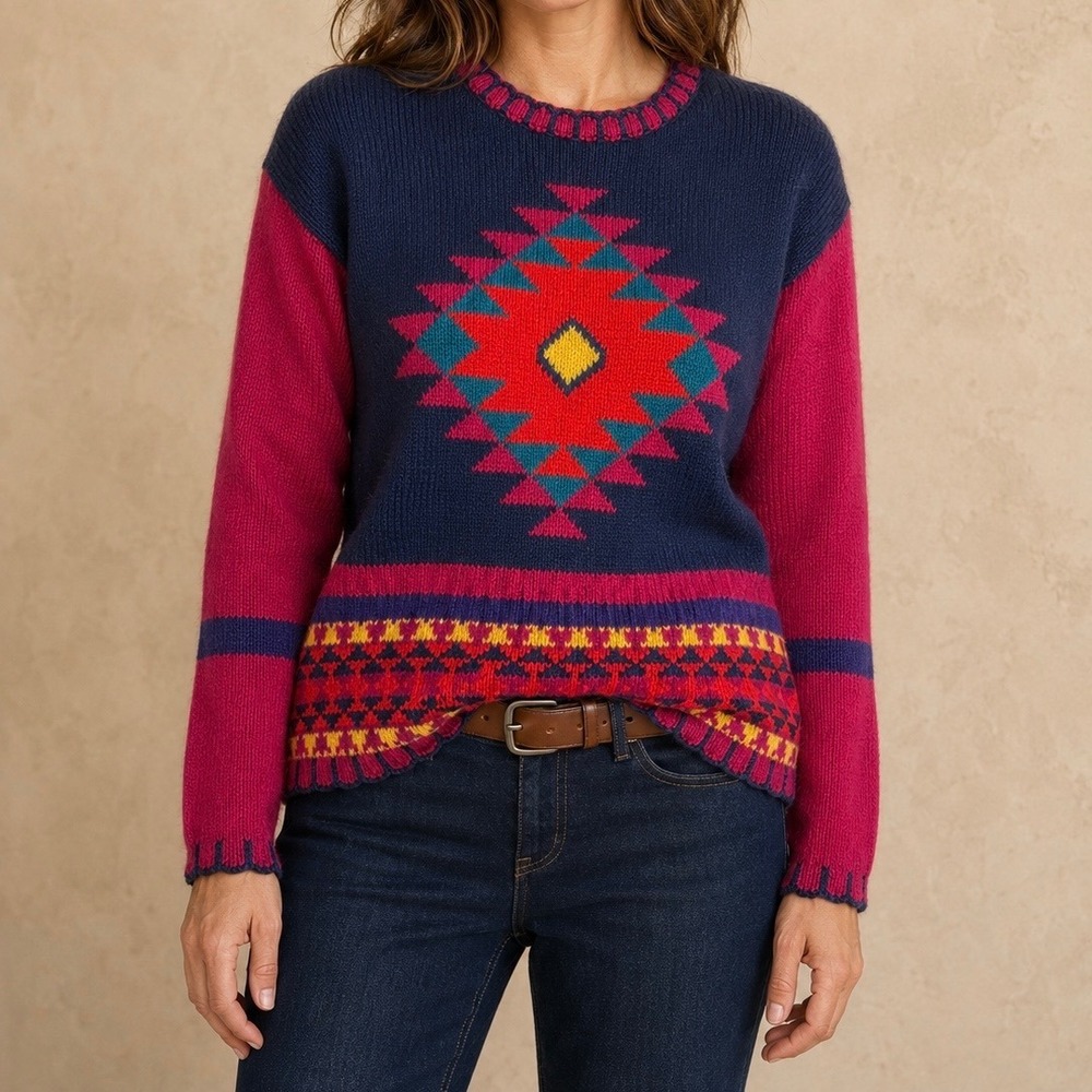 Margules Southwestern Sweater Womens M Aztec Cotton Blend Bold Vintage 80s 90s